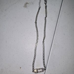 Silver Chain Necklace with Rhinestone Safety Pin